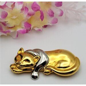 Vintage Liz Claiborne Cat Brooch Two Tone Gold Silver Signed 2.25 Inch